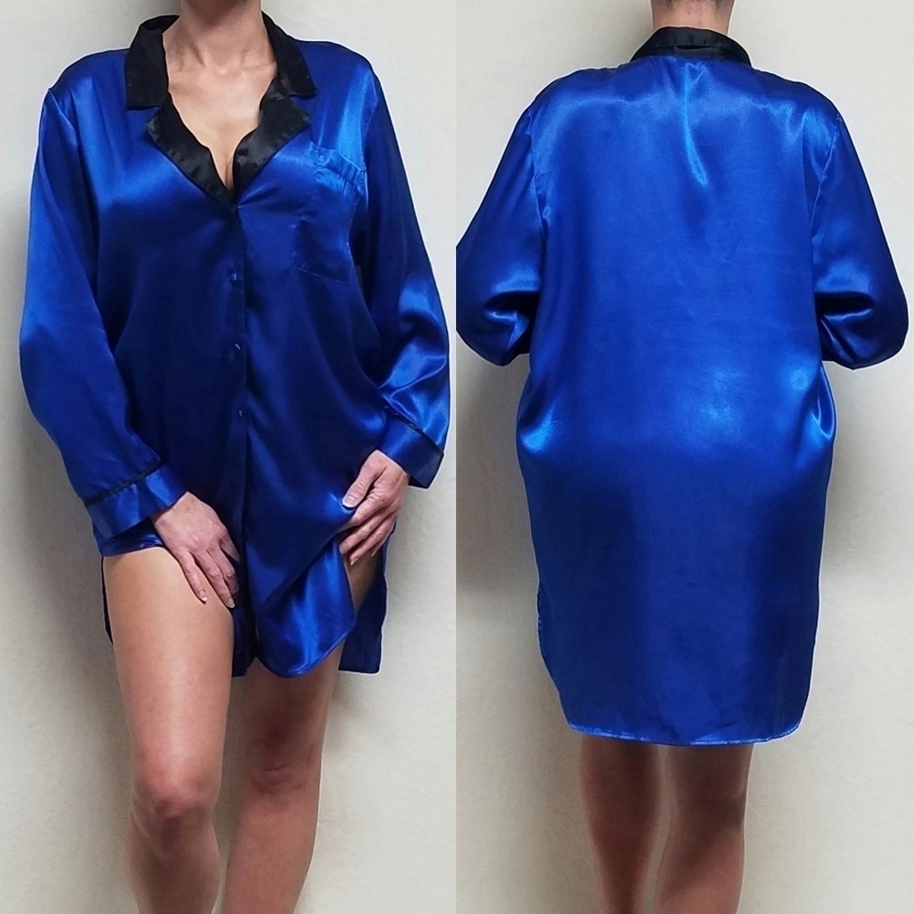 Vintage Victoria's Secret Gold Label Cobalt Blue Satin Black Trim Nightgown L